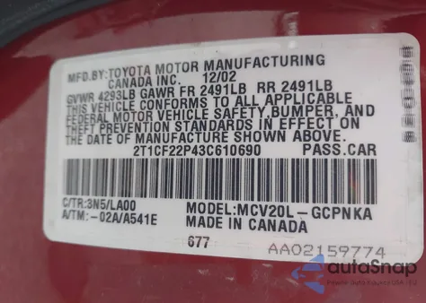 2003 Toyota Camry Solara Sle V6 from USA, damaged, VIN 2T1CF22P43C610690